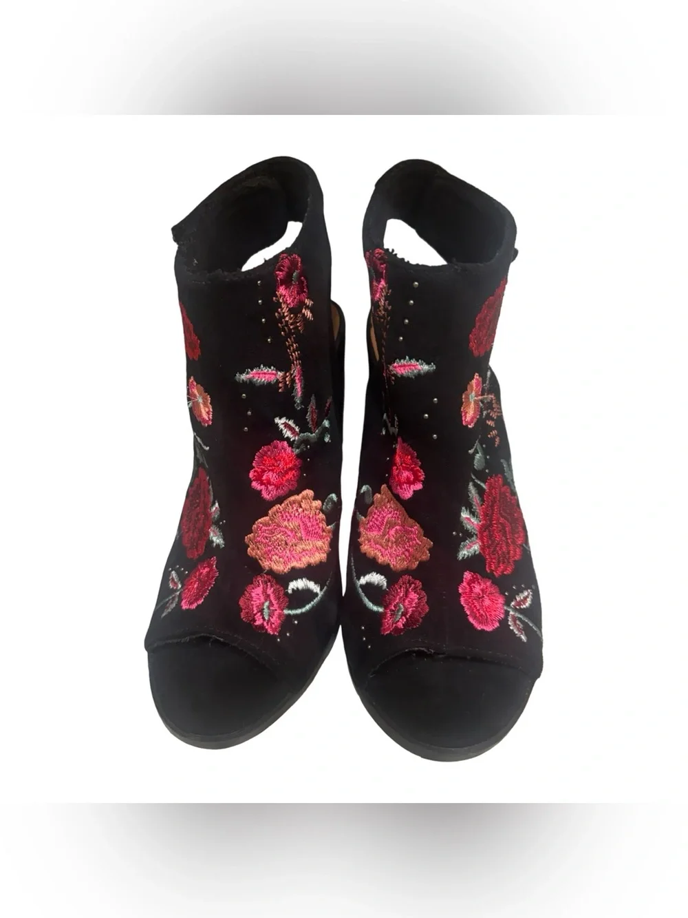 Sugar Black Suede Floral Boho Artsy Embroidered Peep-Toe Heels Size 8